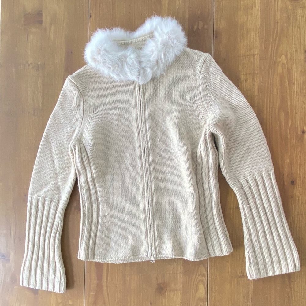 Tahari Cute Fur Collar Zip Up Warm Sweater Sand